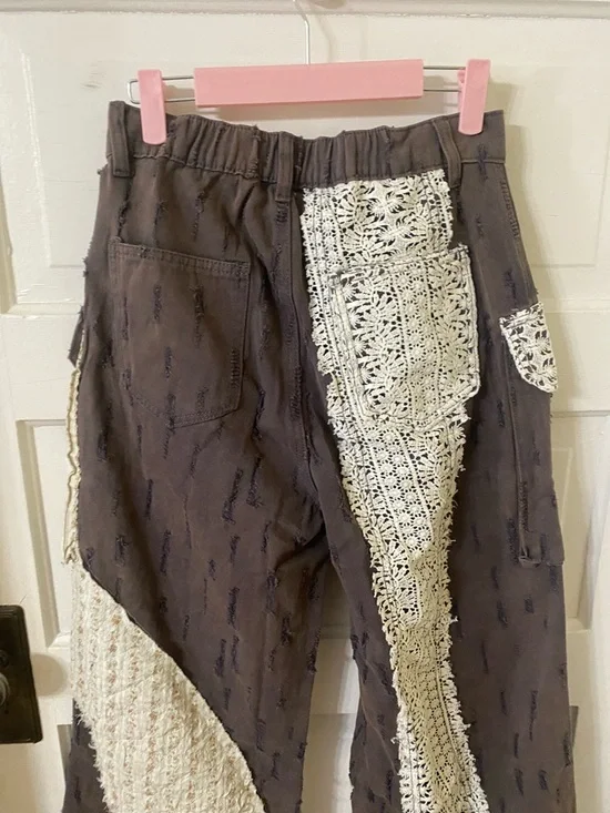 POL Patchwork Lace Cargo Pants Boho Cottagecore Brown Size S 100% Cotton - Picture 5 of 7